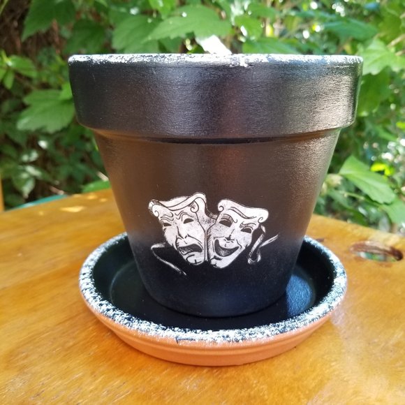 Hand Painted Black and White Speckled Trim 6" Flower Pot with Matching Saucer - Picture 6 of 10
